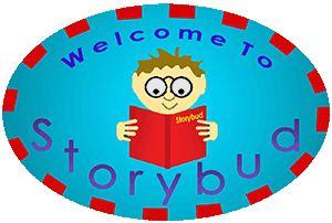  blue elipse with red border and the words welcome to storybud on it